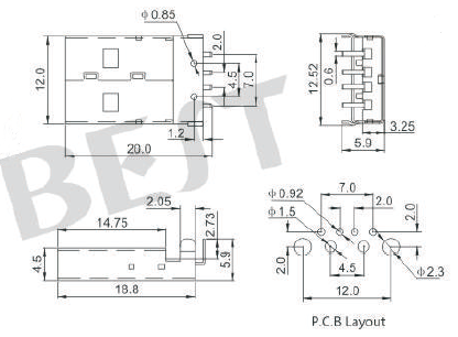 USB插座USB-A-01參考圖紙 USB插座USB-A-01參考圖紙